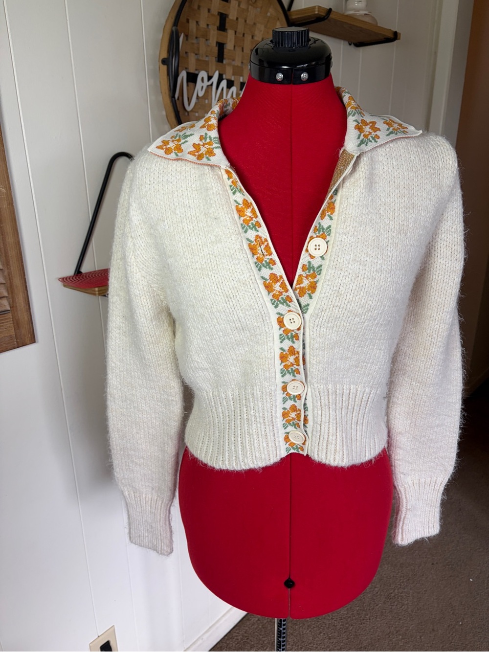 Zara Cream Cropped Cardigan with Orange Floral Trim
